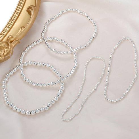 DEARMAY 5Pcs Gold/Silver Bead Ankle Bracelets for Women 14K Gold Beaded Anklets for Women Pack Stackable Link Anklets Set Layered Cute Summer Beac...