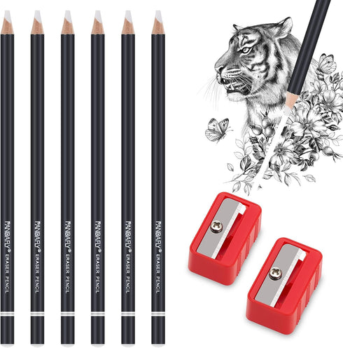 PANDAFLY Eraser Pencil Set - 6pc Eraser Pencils and 2pc Sharpener, Erasing Small Details or add Highlights for Sketching, Charcoal Drawings. Art E...