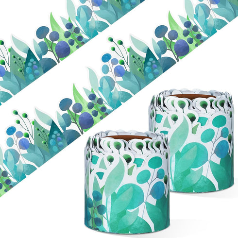 2 Rolls Scalloped Bulletin Board Borders - Eucalyptus Die-Cut Border Trim Bulletin Board Classroom Bulletin - 65.6 Feet Greenery Plant Borders Cla...