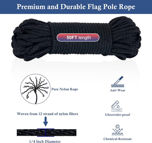 NQ Flag Pole Rope Line Kit-50FT x 1/4" Diameter Nylon Flag Pole Halyard Rope with 4 Pcs Swivel Snap Clips Hooks Fits Flagpole Up to 25FT,Outdoor F...