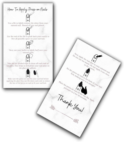Press-On Nail Application Instructions Cards | 50 Pack | 2x3.5" inch Business Card Size | DIY Press-On Nail Kit | Marble with Rosey Gold Design...