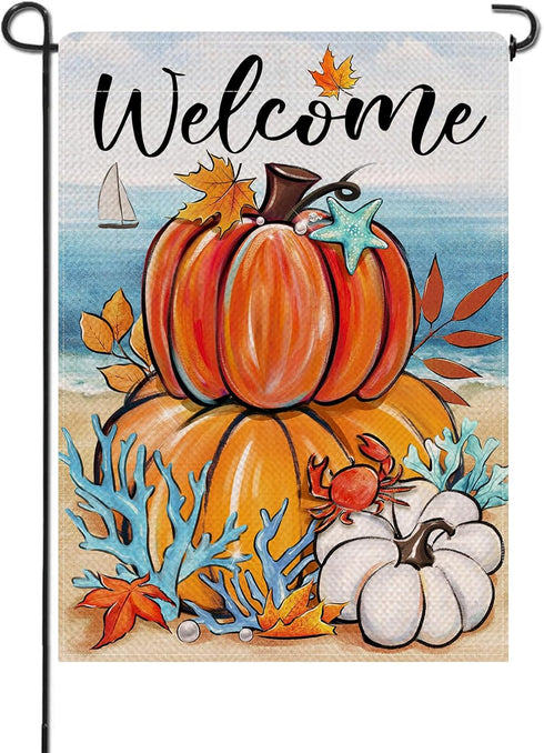 Welcome Fall Pumpkin Small Decorative Garden Flag, Autumn Beach Coastal Coral Leaves Yard Lawn Outside Decor, Thanksgiving Nautical Crab Starfish ...