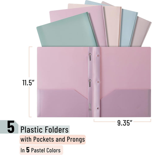 Mr. Pen- Plastic Folders with Pockets and Prong, 5 Pack, Muted Pastel Colors, Pocket Folders, File Fasteners, 2 Folder, Two...