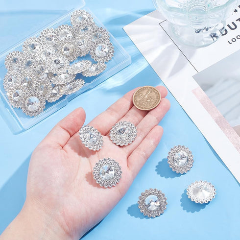 30pcs 1inch Silver Round Rhinestone Buttons Sparkle Embellishments Glass Crystal Buttons 1-Hole Alloy Rhinestone Shank Buttons for Clothing Button...