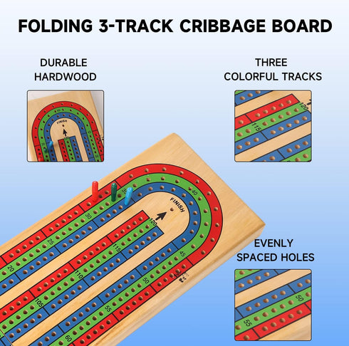 GSE Wooden Folding 3-Track Color Coded Travel Cribbage Board with 6 Plastic Pegs, Wooden Travel Portable Cribbage Board Game Set...