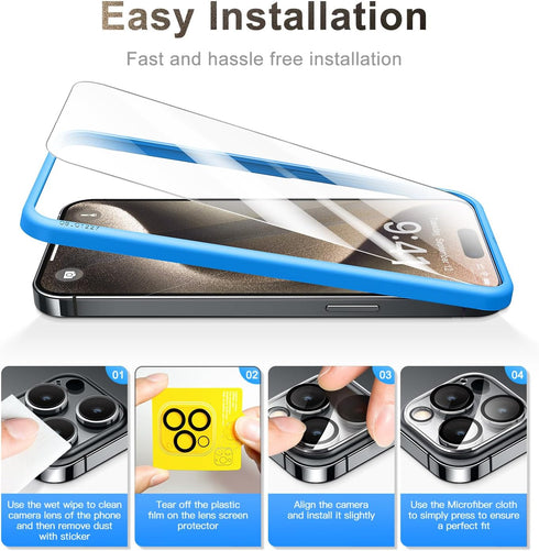 CANSHN [3+3 Pack for iPhone 15 Pro Screen Protector Tempered Glass & Camera Lens Protector Accessories with Easy Installation Frame, Double Shatte...