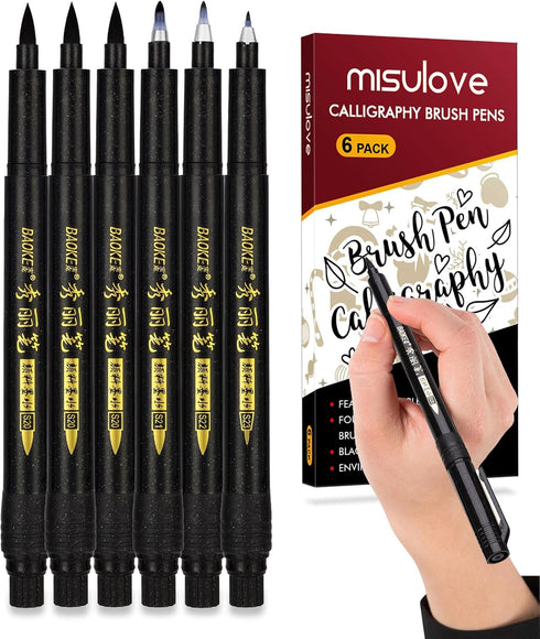 MISULOVE Calligraphy Brush Pens Set of 6(Soft & Hard) for Hand Lettering, Modern Calligraphy, Drawing, Beginner-Friendly Art Markers with Black Pi...