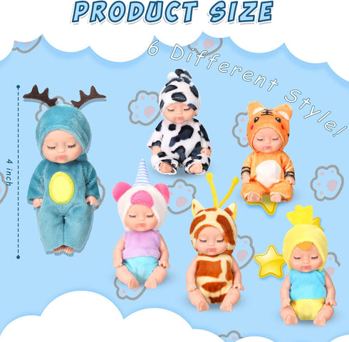 Leitee 6 Pcs 4 Inch Mini Baby Dolls Gift Set, Mini Reborn Baby Dolls Bulk, Realistic Baby Doll with Animal Clothes, Lifelike Cute Small Baby Doll ...