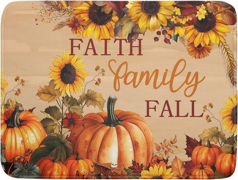 Fall Pumpkin Sunflower Dish Drying Mat 18”x24” Faith Family Fall Drying Mat for Kitchen Counter Absorbent Autumn Orange Pumpkins Thanksgiving Dish...
