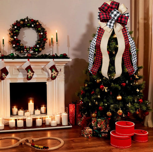 Christmas Tree Topper Large Buffalo Plaid Burlap Red and Black Gift Bow for Xmas Tree Handmade Holiday Party Decorations-13 x 29 Inch...