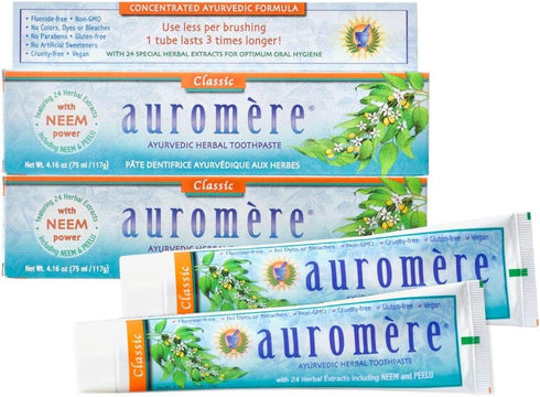 Auromere Ayurvedic Herbal Toothpaste, Classic Licorice Flavour - Vegan, Natural, Non GMO, Fluoride Free, Gluten Free, with Neem & Peelu (4.16 oz),...