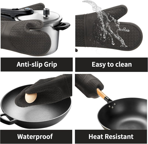 Silicone Oven Mitts, Oven Gloves with Non-Slip Waterproof - 2PCS Black Oven Mittens Heat Resistant 600 Degree, Soft Lining Silicone Oven Mits for ...