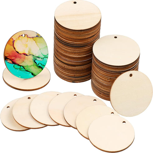 100 Pieces Unfinished Round Wooden Circles with Holes Round Wood Discs for Crafts Blank Natural Wood Circle Cutouts for DIY Crafts Party Birthday ...