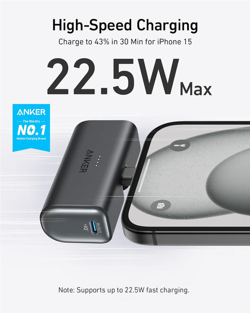 Anker Nano Power Bank with Built-in Foldable USB-C Connector, 5,000mAh Portable Charger 22.5W, for iPhone 15/15 Plus/15 Pro/15 Pro Max, Samsung S2...