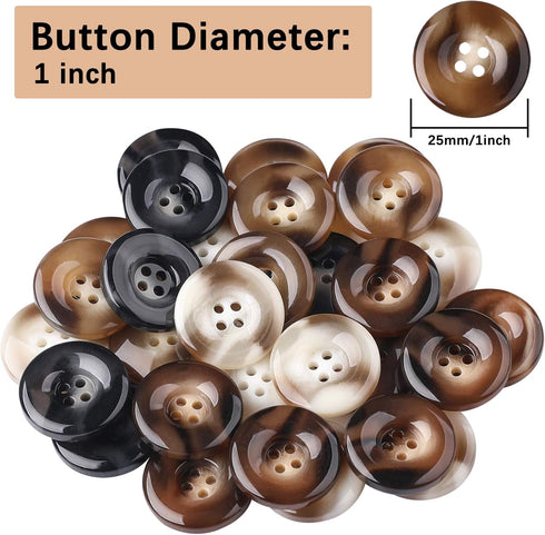30 PCS Resin Sewing Buttons, 25mm/1 inch Round Bulk Buttons for Sewing, with 4 Matte Pattern Size 4 Holes, for Sewing DIY Crafts, Manual Button Pa...