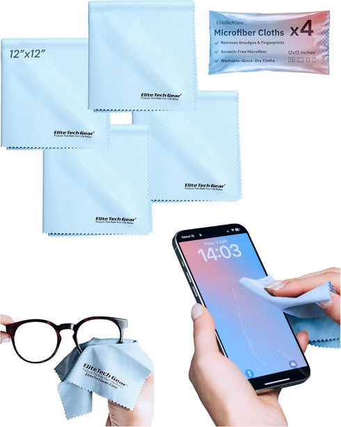 Elite Tech Gear 4-Pack Microfiber Cloth Set - 12"x12" Oversized Washable & Durable Wipes for Glasses, Lenses, Electronics & Screens - Glasses Clea...