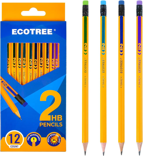 ECOTREE Pencils #2 Wood-Cased HB Pencils, Pre-sharpened Number 2 Pencils for Office School Supplies, Yellow, 12 Count...