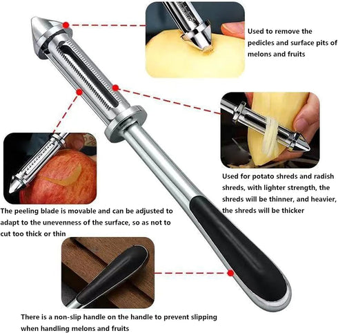 Fruit Peeling Knife, Digging Eyes, Grater, Multifunctional Vegetable Slicer, Zinc Alloy Three-In-One Scraper Peeler, Food Chopper with Non-Slip Ha...