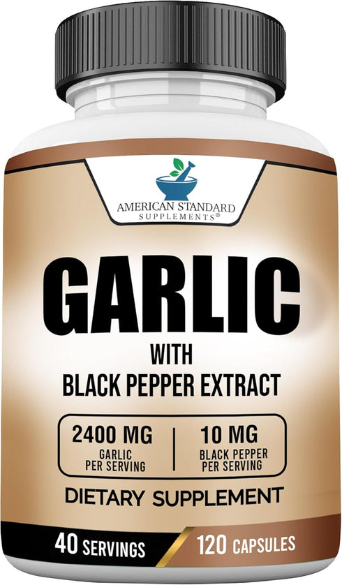 American Standard Supplements Garlic 2400mg Per Serving with Black Pepper Fruit Extract – Vegan, Gluten Free, Non-GMO, 120 Capsules, 40 Servings...