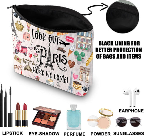Paris Themed Makeup Bag Paris Trip Gifts Paris Travel Bag Paris Toiletry Bag Paris Zipper Pouch Paris Makeup Pouch (look out paris)...