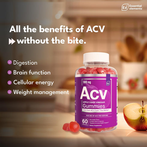 Essential Elements Apple Cider Vinegar Gummies from The Mother - Naturally-Sourced, Vegan ACV with Folic Acid and Vitamin B6 & B12 60 Count...