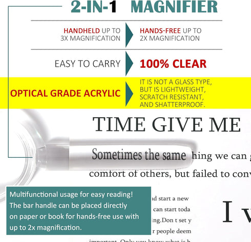 MAGDEPO 3X Handheld Magnifier 2-in-1 Clear Acrylic Magnifying Glass Lightweight with Bar Magnifying Handle for Reading Small Prints, Documents, Ho...