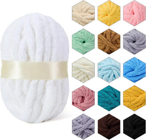 Chenille Chunky Yarn Super Bulky Soft Thick Fluffy Jumbo Giant Washable Polyester Big Yarn DIY for Arm Knit Blanket Cushion Bed Sofa Home Decor,Wh...