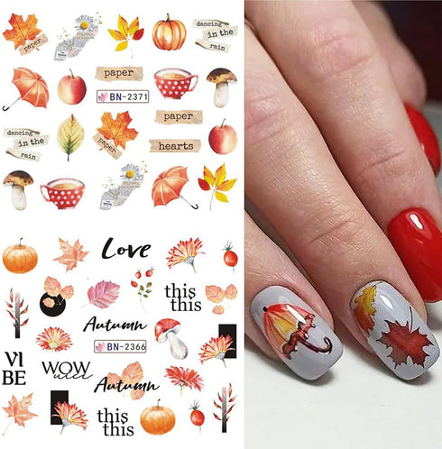 Fall Nail Art Sticker Water Decals Transfer Nail Supplies with 3D Gold Maple Leaf Squirrel Fox Falling Leaf Designs for Women Thanksgiving Day Dec...