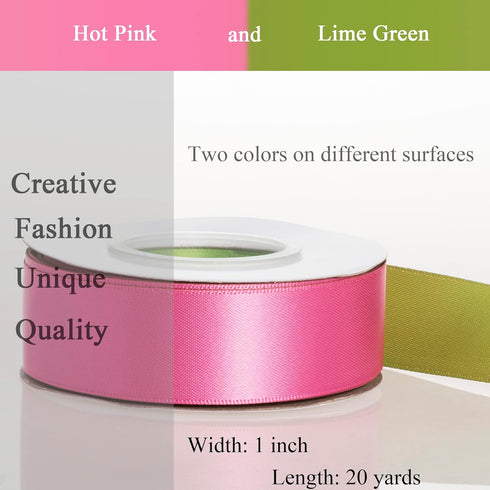 YASEO Double-sided Two-tone Ribbon, 20 Yards 1 Inch Double Faced Hot Pink and Lime Green Satin Ribbon for Easter, Christmas, Birthday, Gift Wrappi...