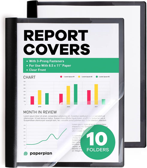 Report Covers - Report Covers with 3-Prong Fasteners Clear Front - Presentation Folders - Presentation Binder (10 Set, Plastic, 8.5x11") - Clear F...