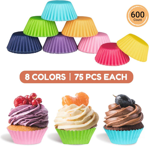 600pcs Paper Cupcake Liners: 1.25 Inches Mini Paper Muffin Liners, Thick & Sturdy, Oil Resistant - 8 Rainbow Colors Baking Paper Cups Cupcake Wrap...