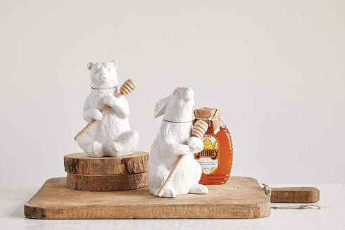 Creative Co-Op White Bear Shaped Honey Pot with Lid & Bamboo Dipper...