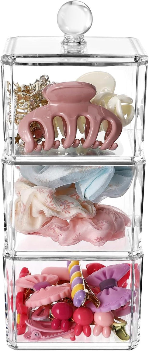 Hair Accessories Organizer for Girls, Clear 3 Stackable Acrylic Hair Tie Organizer for Headband, Bows, Cotton Swab Organization, Bathroom Containe...