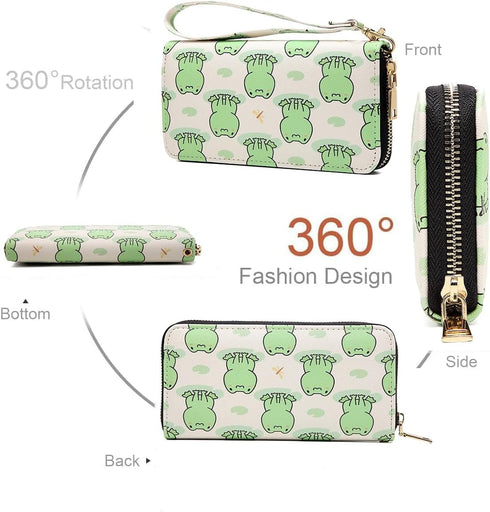 Frog Print Wallet For Women Kawaii Purse Cluth Wristlet Strap Zip Around Card Holder (Frog)...