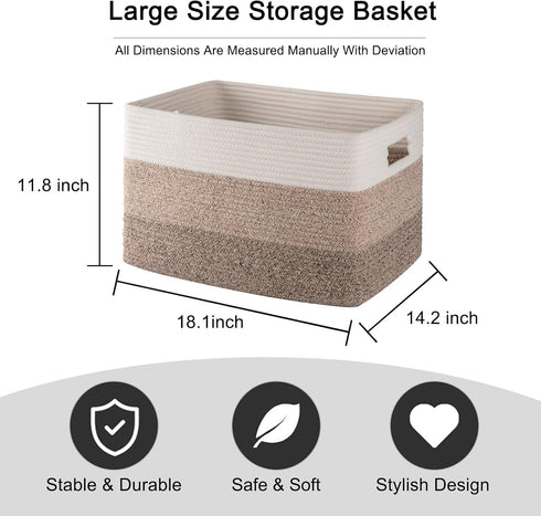 OIAHOMY Cotton Rope Basket, Rectangle Woven Baskets for Storage, Nursery Blanket Basket Living Room, Toy Basket With Handle, Baskets for Organizin...