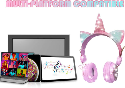 Unicorn Wireless Headphones for Kids,Cat Ear Bluetooth 5.0 Over Ear Headphones with Microphone for Cellphone/iPad/Laptop/PC/TV/PS4/Xbox One, Folda...