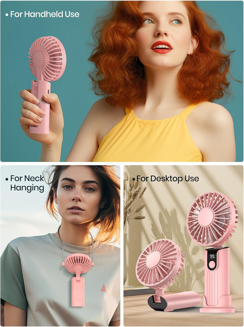 Portable Handheld Fan, 5000mAh USB Rechargeable Foldable Fan 3 in 1 Personal Travel Fan with Digital Display,90° Foldable Desk Fan with Base, Mini...
