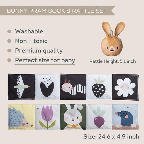 Taf Toys Bunny Pram Book & Toy Set | High Contrast Black & White Infant Visual Stimulation | Soft Fabric for Newborn Cognitive Development | Baby ...