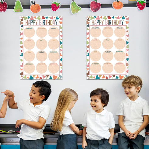 Happy Birthday Chart for Classroom, 2Pcs Boho Birthday Poster Decoration 17’’ x 12’’ Boho Birthday Cake Calendar Cutouts for School Bulletin Board...