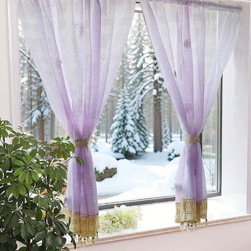 ABREEZE Cutwork Crochet Embroidered Curtain,Tassels Curtains Tie-Up Shade Sheer Curtains Adjustable Valances for Living Room,Light Purple 1Panel...
