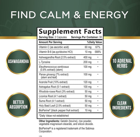 Adrenal Support Supplements & Cortisol Manager with Ashwagandha and 10 Herbs & Nutrients to Support Adrenal Function, Cortisol Health, Energy Leve...