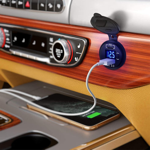 Nilight Quick Charge Socket PD Type C and QC 3.0 USB Fast Charge 12V 24V Car Outlet Voltmeter ON OFF Switch Fused Wire Kit Dual USB Charger Socket...