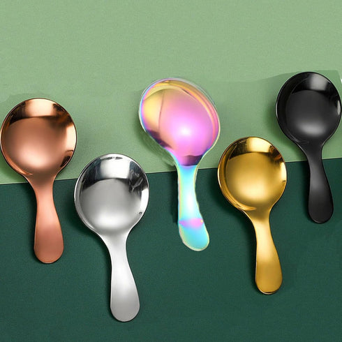6 Pcs Stainless Steel Short Handle Thickened Small Round Spoons For Honey Candy Coffee Tea Salt Jam and Mustard - Ice Cream Dessert Spoon (D Silve...