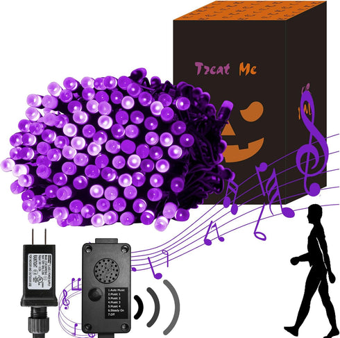 PEIDUO Halloween Decorations Outdoor, 82 FT 200 LED Purple String Lights, Motion Sensor Controller Sync with Spooky Music, Twinkle Fairy Lights fo...