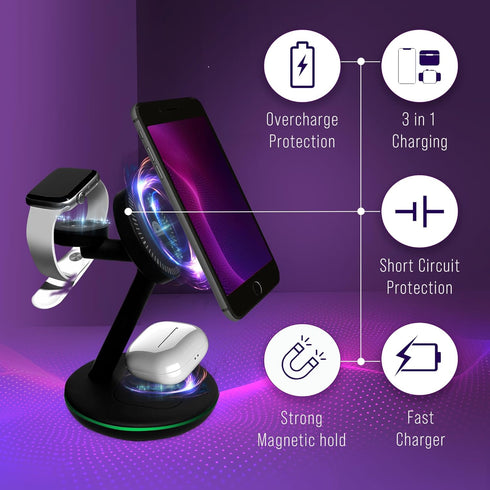 3 in 1 Magnetic Wireless Charging Station Fast Mag-Safe Charging Adapter Compatible with Apple Devices iPhone 15 14 13 12 Pro/Pro Max/Plus/Mini Ai...