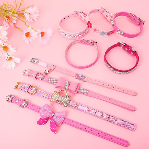 9 Pieces Pink Rhinestones Dog Collar PU Leather Girl Puppy Collars Bling Crystal Cat Dog Collar with Bow Bone Heart Flower for Pets Dogs Cats Coll...