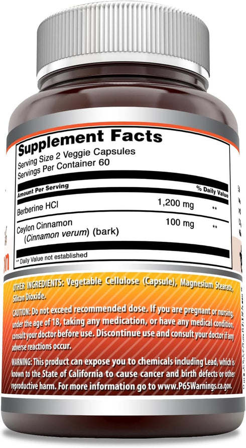 Amazing Formulas Berberine with Pure Ceylon Cinnamon 1200 Mg Per Serving | Premium Complex Supplement | Veggie Capsules | Non-GMO | Gluten Free | ...