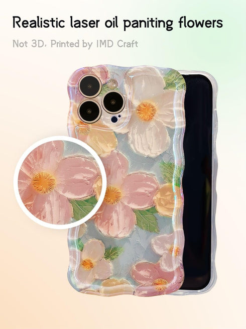 Case for iPhone 14 Pro Max - Vivid Retro Oil Painting, Flower Laser Glossy Pattern, Cute Curly Wave Edge - Exquisite Stylish Durable TPU Protectiv...