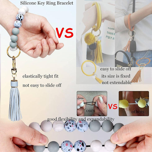 BIHRTC Beaded Wristlet Keychain Silicone House Key Ring Bracelet with Leather Tassel Wristlet Keyrings Circle Bangle Key Chain for Women Girls...