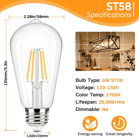 Brightever 4-Pack Vintage LED Edison Bulbs 60W Equivalent, 6W ST58 2700K Warm White Antique LED Filament Bulbs, E26 Medium Base, Clear Glass Style...